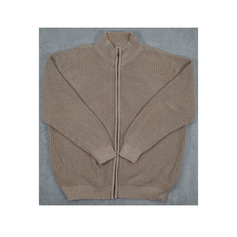 LL Bean Mens XXL Full Zip Ribbed Cotton Cardigan Sweater Tan Mock Neck 0YR26